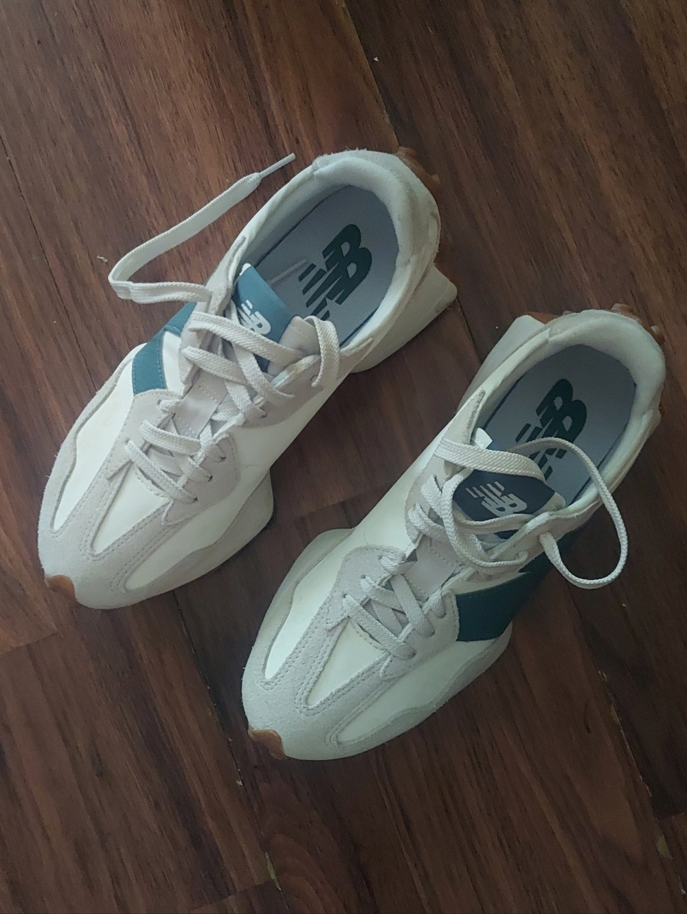 New Balance 327 leather and suede textured white cream natural green gum sole
